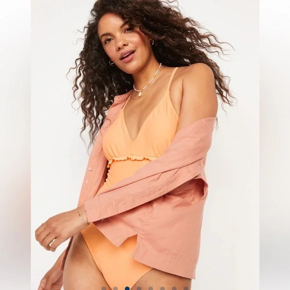 🆕 Old Navy Women’s V-Neck Ruffle-Trim Cutout One Piece Swim Swimsuit Mango 8-10 - Picture 3 of 15